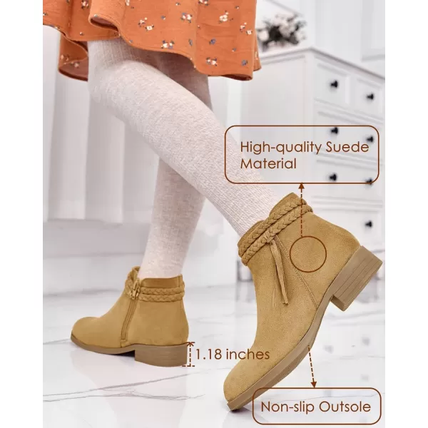 Coutgo Girls Ankle Boots Cowgirl Braided Fringe Strap Chunky Low Heel Suede Booties Western Walking Shoes Toddler Little Kid Big Kid