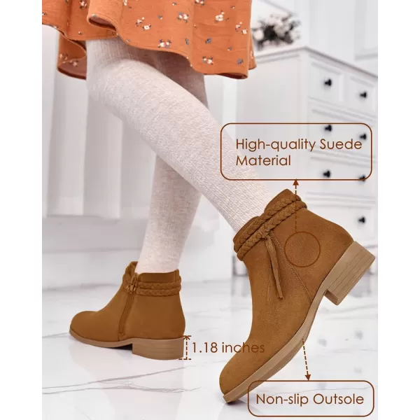 Coutgo Girls Ankle Boots Cowgirl Braided Fringe Strap Chunky Low Heel Suede Booties Western Walking Shoes Toddler Little Kid Big Kid