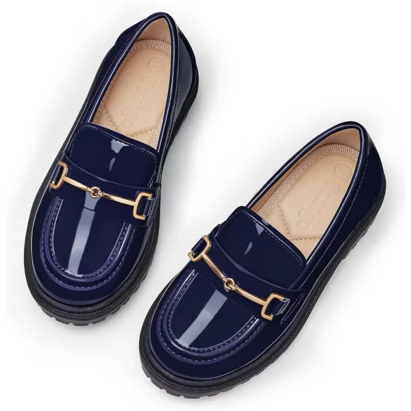 Coutgo Girl's Platform Loafers Slip On Chain Chunky Heel Leather Flats Round Toe School Uniform Dress Shoes