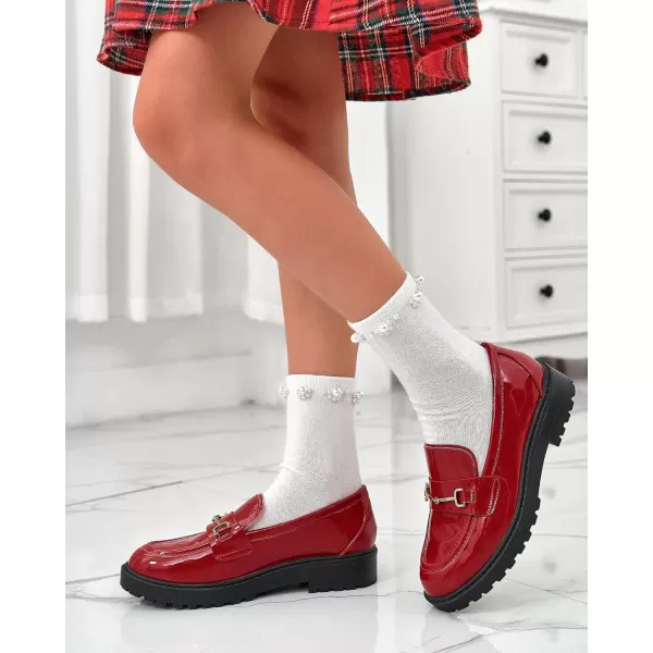 Coutgo Girl's Platform Loafers Slip On Chain Chunky Heel Leather Flats Round Toe School Uniform Dress Shoes