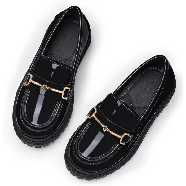 Coutgo Girl's Platform Loafers Slip On Chain Chunky Heel Leather Flats Round Toe School Uniform Dress Shoes