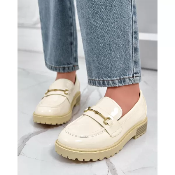 Coutgo Girl's Platform Loafers Slip On Chain Chunky Heel Leather Flats Round Toe School Uniform Dress Shoes