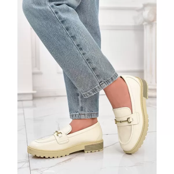 Coutgo Girl's Platform Loafers Slip On Chain Chunky Heel Leather Flats Round Toe School Uniform Dress Shoes