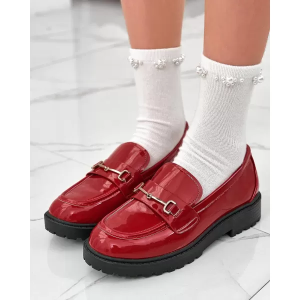 Coutgo Girl's Platform Loafers Slip On Chain Chunky Heel Leather Flats Round Toe School Uniform Dress Shoes