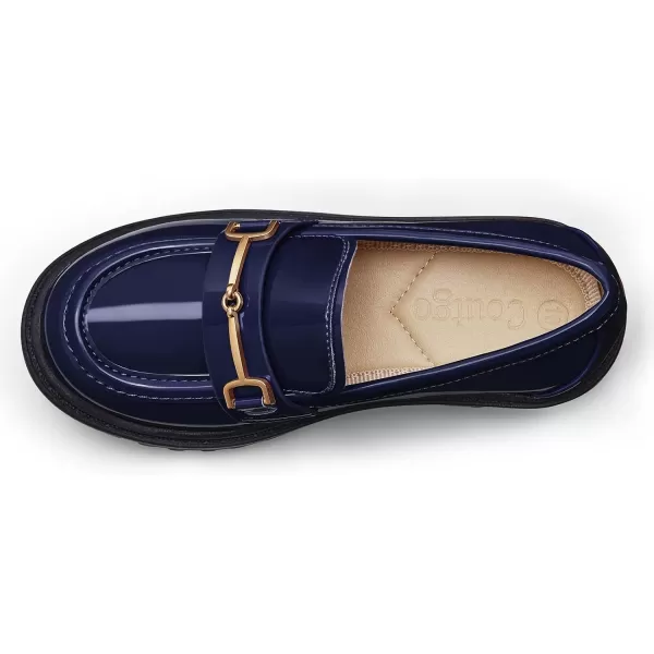 Coutgo Girl's Platform Loafers Slip On Chain Chunky Heel Leather Flats Round Toe School Uniform Dress Shoes