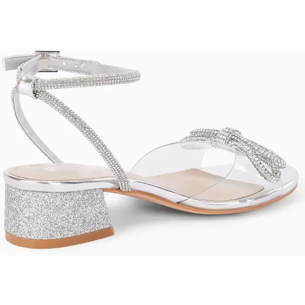 Coutgo Girls Rhinestone Sandals Low Chunky Heels Bow Open Toe Glitter Dress Shoes for Toddler Little Big Kid