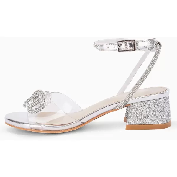 Coutgo Girls Rhinestone Sandals Low Chunky Heels Bow Open Toe Glitter Dress Shoes for Toddler Little Big Kid