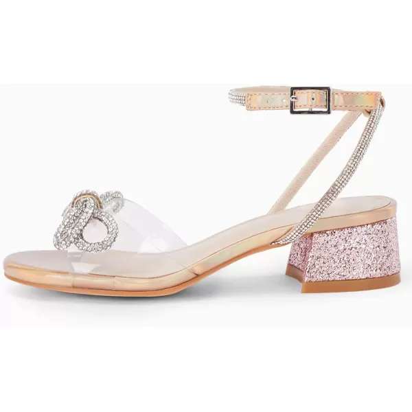 Coutgo Girls Rhinestone Sandals Low Chunky Heels Bow Open Toe Glitter Dress Shoes for Toddler Little Big Kid