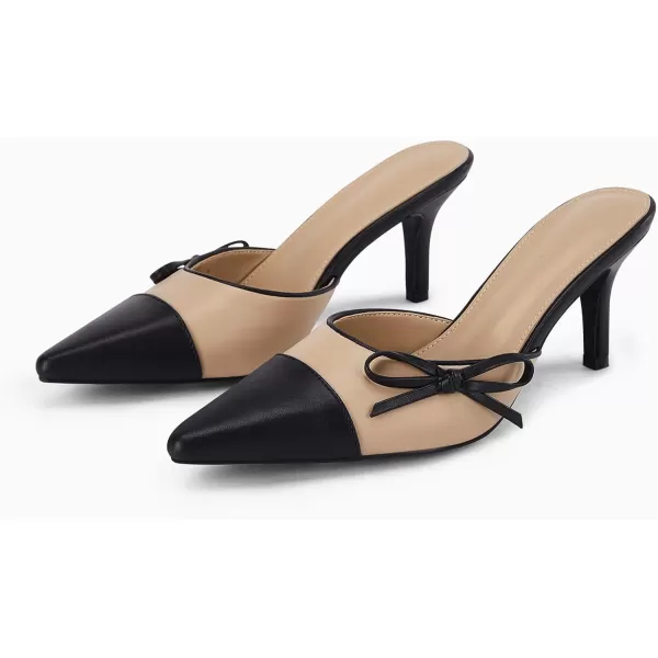 Coutgo Womens Bow Tie Mules Heels Two Tone Closed Pointed Toe Slip On Backless Wedding Dress Shoes Pumps