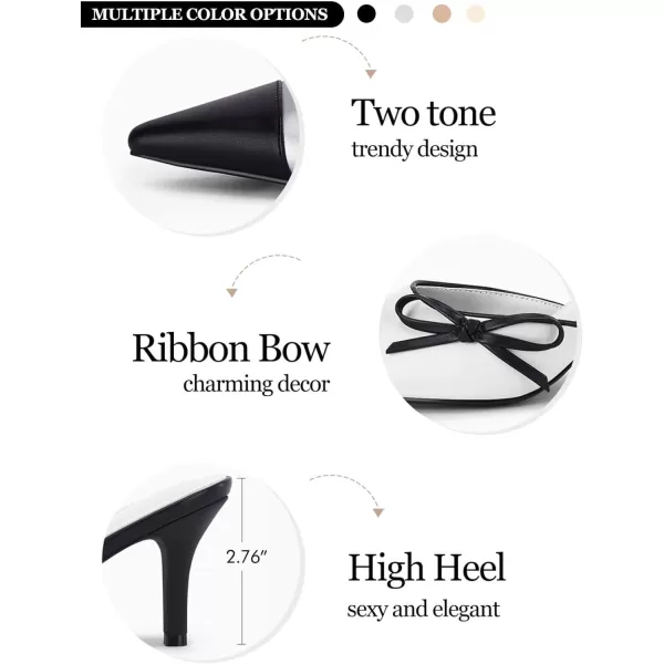Coutgo Womens Bow Tie Mules Heels Two Tone Closed Pointed Toe Slip On Backless Wedding Dress Shoes Pumps