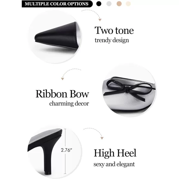 Coutgo Womens Bow Tie Mules Heels Two Tone Closed Pointed Toe Slip On Backless Wedding Dress Shoes Pumps