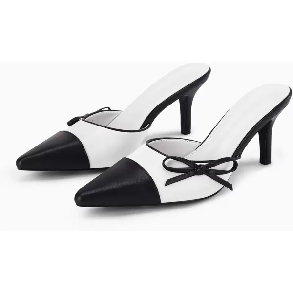 Coutgo Womens Bow Tie Mules Heels Two Tone Closed Pointed Toe Slip On Backless Wedding Dress Shoes Pumps