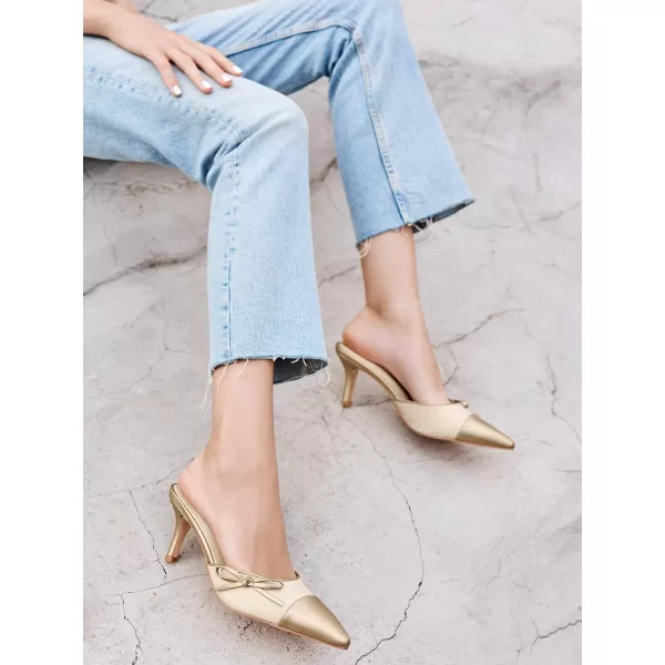 Coutgo Womens Bow Tie Mules Heels Two Tone Closed Pointed Toe Slip On Backless Wedding Dress Shoes Pumps