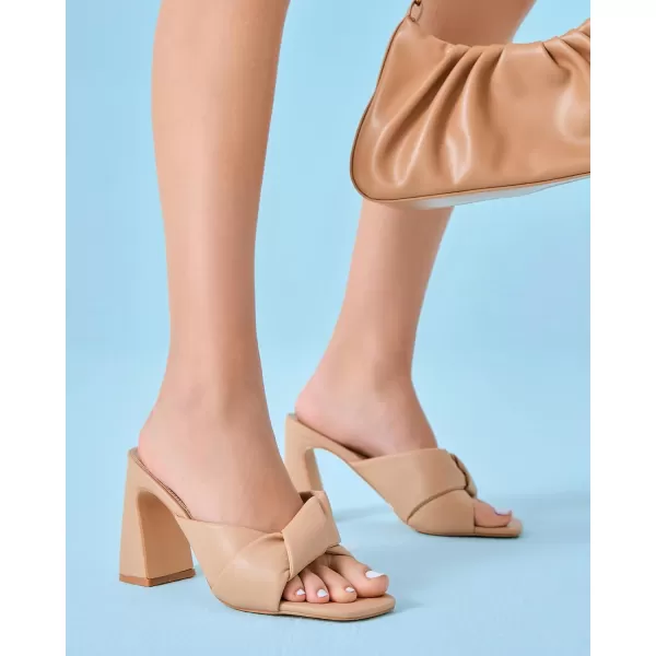 Coutgo Womens Chunky Heeled Mules Puffy Knot Square Open Toe Slip On Sandals Summer Evening Party Prom Shoes