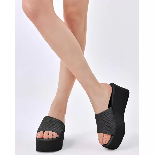 Coutgo Womens Platform Slides Sandals Square Open Toe Slip On Elastic Band Casual Lightweight Wedge Shoes
