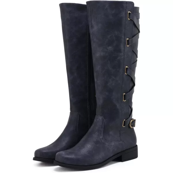 Syktkmx Womens Strappy Motorcycle Knee High Boots Winter Lace Up Riding Flat Low Heel Shoes