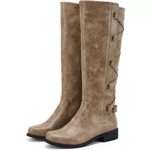 Syktkmx Womens Strappy Motorcycle Knee High Boots Winter Lace Up Riding Flat Low Heel Shoes