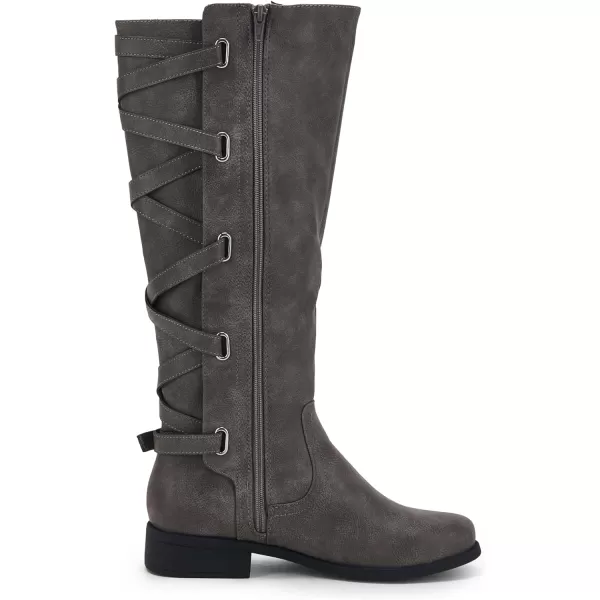 Syktkmx Womens Strappy Motorcycle Knee High Boots Winter Lace Up Riding Flat Low Heel Shoes
