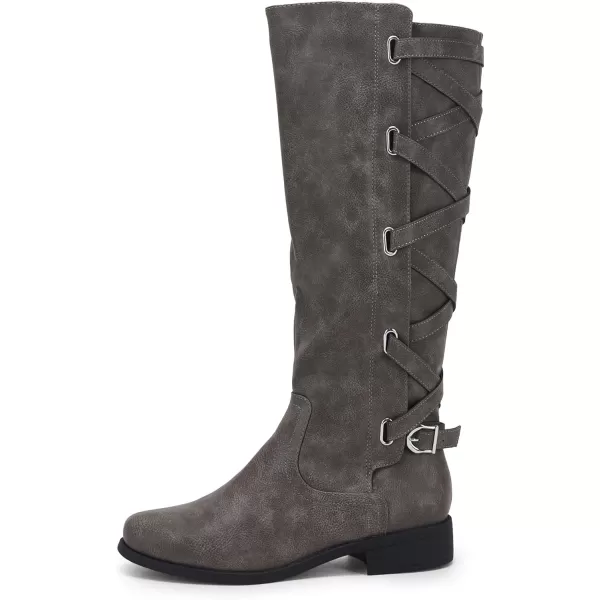 Syktkmx Womens Strappy Motorcycle Knee High Boots Winter Lace Up Riding Flat Low Heel Shoes