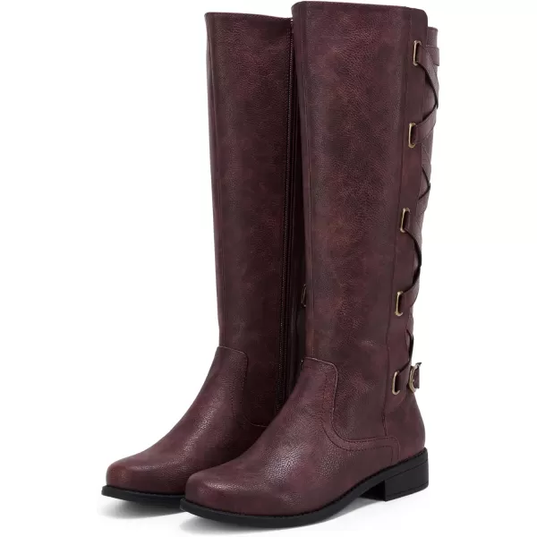 Syktkmx Womens Strappy Motorcycle Knee High Boots Winter Lace Up Riding Flat Low Heel Shoes
