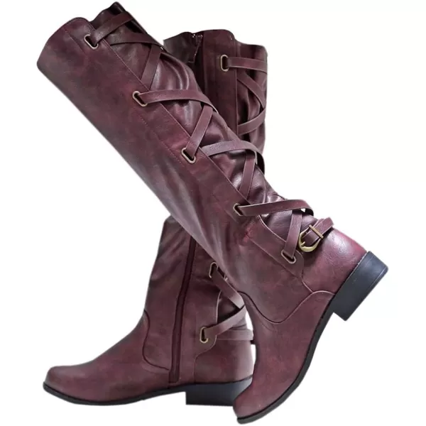 Syktkmx Womens Strappy Motorcycle Knee High Boots Winter Lace Up Riding Flat Low Heel Shoes