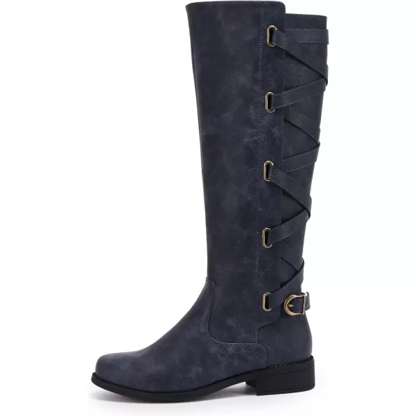 Syktkmx Womens Strappy Motorcycle Knee High Boots Winter Lace Up Riding Flat Low Heel Shoes