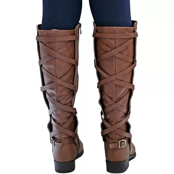 Syktkmx Womens Strappy Motorcycle Knee High Boots Winter Lace Up Riding Flat Low Heel Shoes