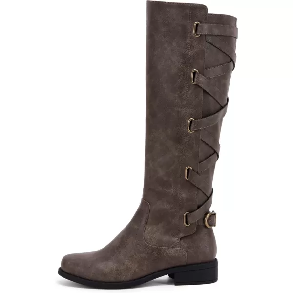 Syktkmx Womens Strappy Motorcycle Knee High Boots Winter Lace Up Riding Flat Low Heel Shoes