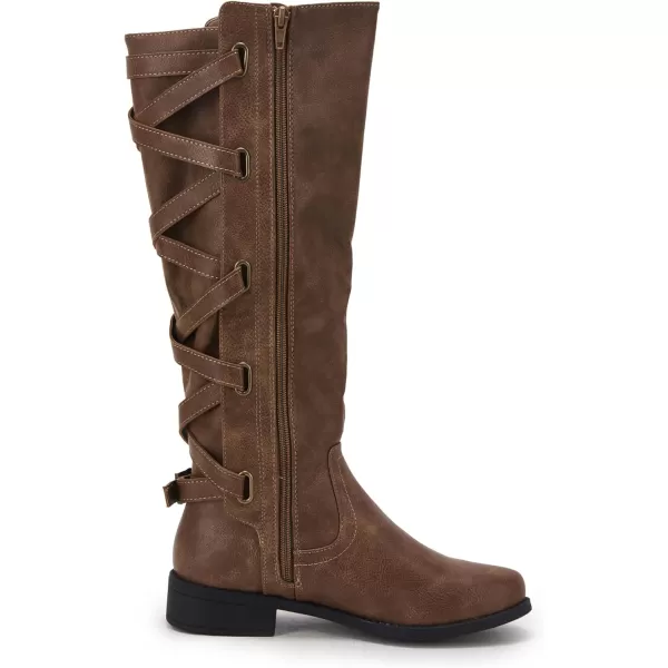 Syktkmx Womens Strappy Motorcycle Knee High Boots Winter Lace Up Riding Flat Low Heel Shoes