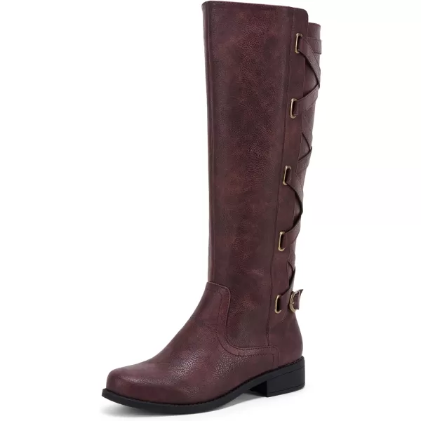 Syktkmx Womens Strappy Motorcycle Knee High Boots Winter Lace Up Riding Flat Low Heel Shoes