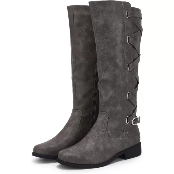 Syktkmx Womens Strappy Motorcycle Knee High Boots Winter Lace Up Riding Flat Low Heel Shoes