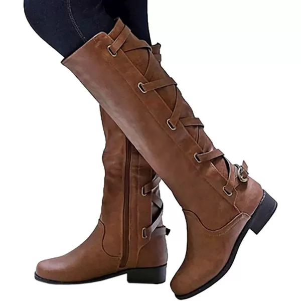 Syktkmx Womens Strappy Motorcycle Knee High Boots Winter Lace Up Riding Flat Low Heel Shoes