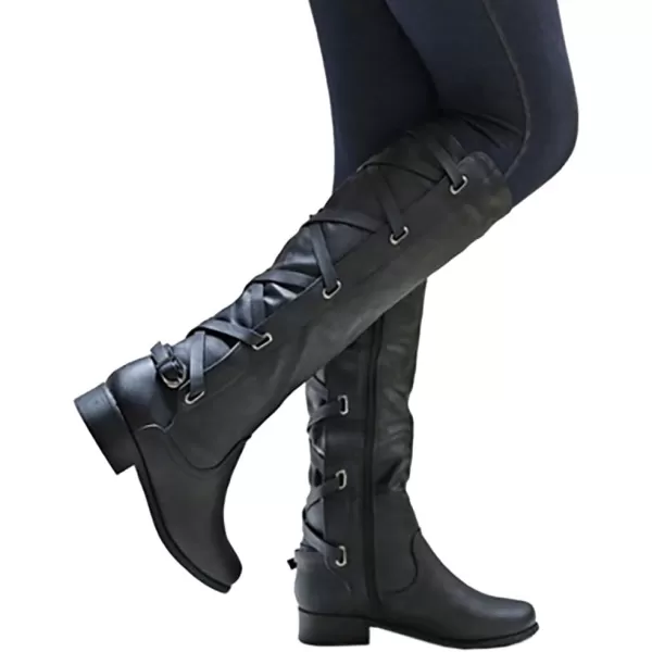 Syktkmx Womens Strappy Motorcycle Knee High Boots Winter Lace Up Riding Flat Low Heel Shoes