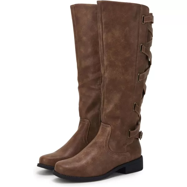 Syktkmx Womens Strappy Motorcycle Knee High Boots Winter Lace Up Riding Flat Low Heel Shoes