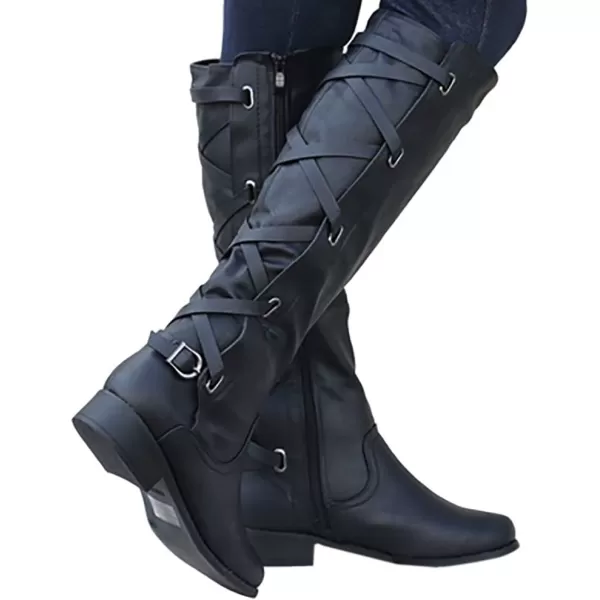 Syktkmx Womens Strappy Motorcycle Knee High Boots Winter Lace Up Riding Flat Low Heel Shoes