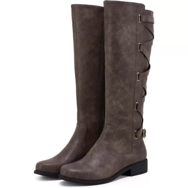 Syktkmx Womens Strappy Motorcycle Knee High Boots Winter Lace Up Riding Flat Low Heel Shoes