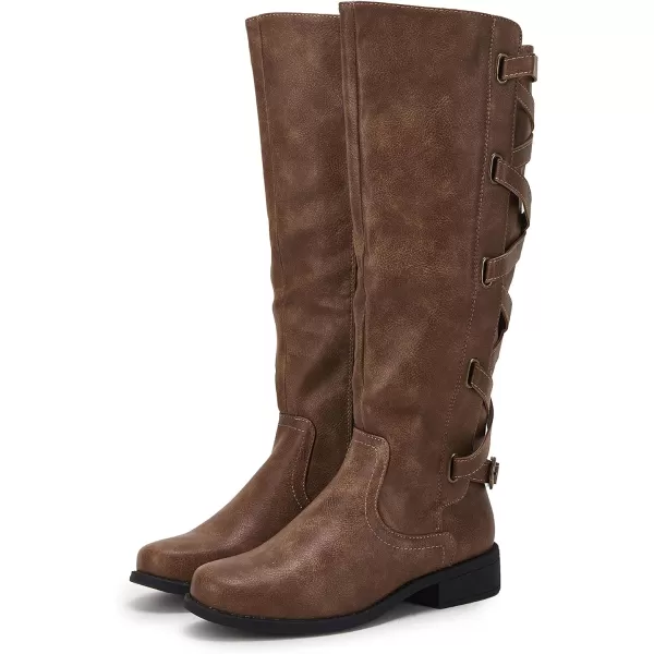 Syktkmx Womens Strappy Motorcycle Knee High Boots Winter Lace Up Riding Flat Low Heel Shoes