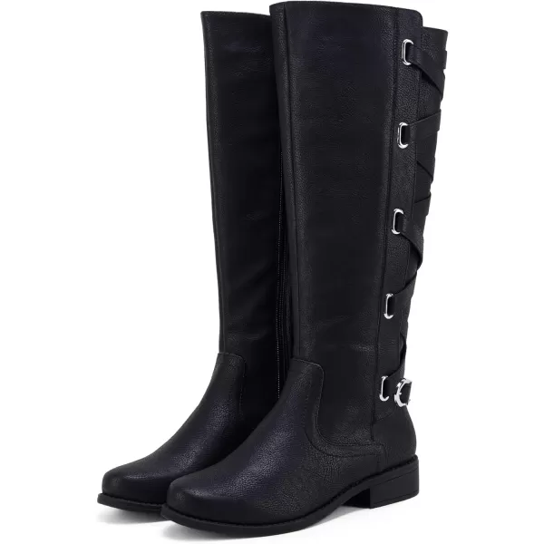 Syktkmx Womens Strappy Motorcycle Knee High Boots Winter Lace Up Riding Flat Low Heel Shoes