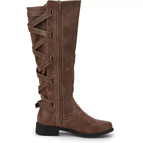 Syktkmx Womens Strappy Motorcycle Knee High Boots Winter Lace Up Riding Flat Low Heel Shoes