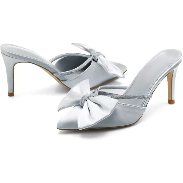 Womens Closed Pointed Toe Heels Mules Bow Rhinestone Satin Slip on Backless Wedding Dress Shoes Sandals