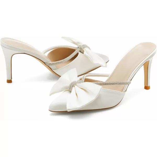 Womens Closed Pointed Toe Heels Mules Bow Rhinestone Satin Slip on Backless Wedding Dress Shoes Sandals