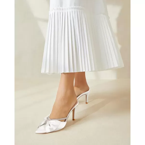Womens Closed Pointed Toe Heels Mules Bow Rhinestone Satin Slip on Backless Wedding Dress Shoes Sandals