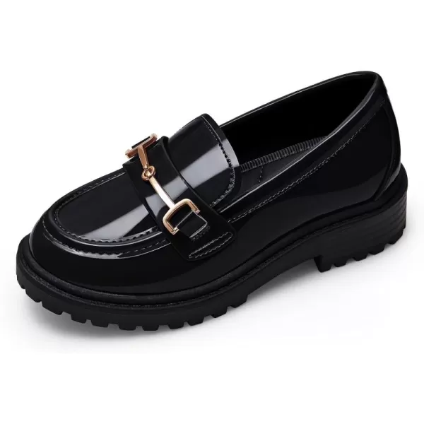 Coutgo Girl's Platform Loafers Slip On Chain Chunky Heel Leather Flats Round Toe School Uniform Dress Shoes