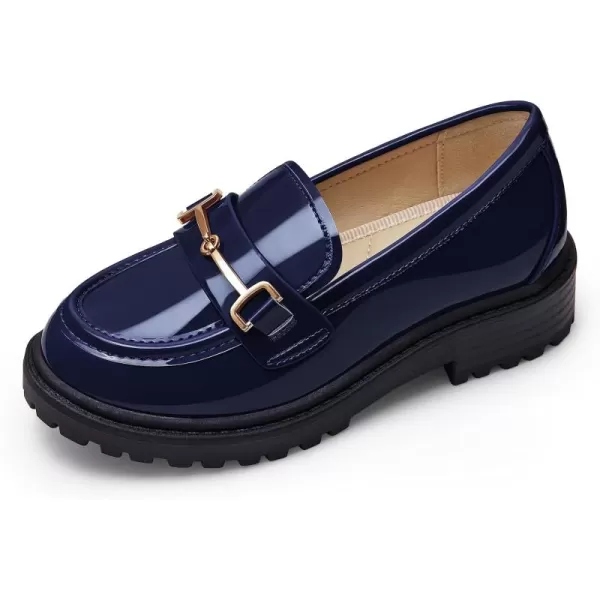 Coutgo Girl's Platform Loafers Slip On Chain Chunky Heel Leather Flats Round Toe School Uniform Dress Shoes