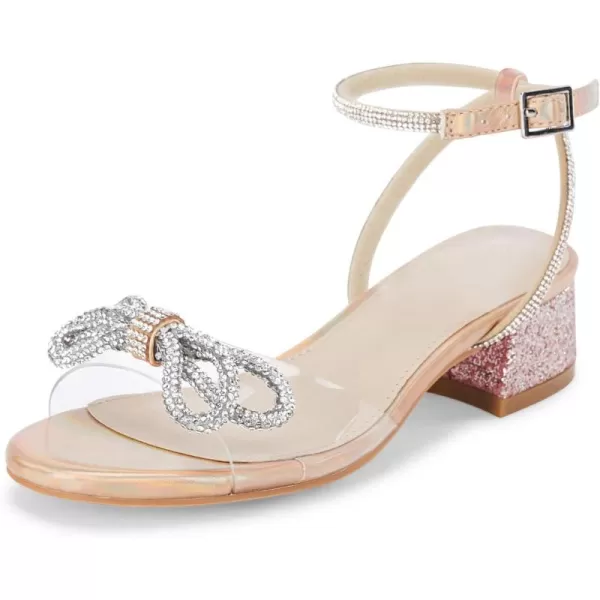 Coutgo Girls Rhinestone Sandals Low Chunky Heels Bow Open Toe Glitter Dress Shoes for Toddler Little Big Kid
