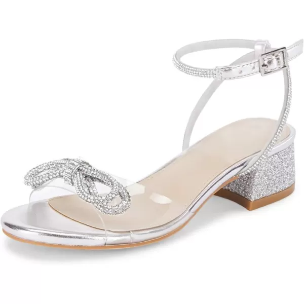 Coutgo Girls Rhinestone Sandals Low Chunky Heels Bow Open Toe Glitter Dress Shoes for Toddler Little Big Kid
