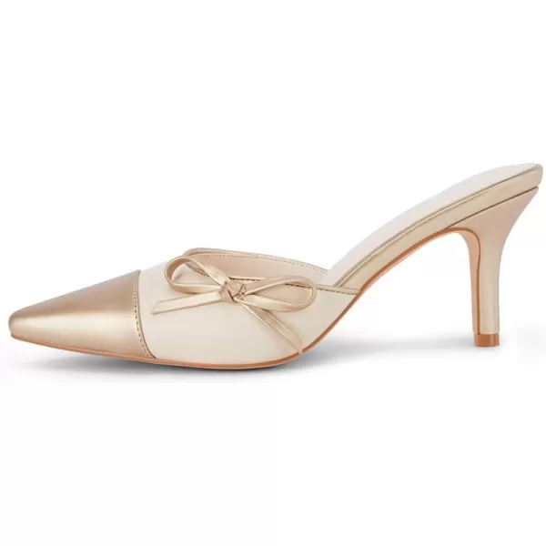 Coutgo Womens Bow Tie Mules Heels Two Tone Closed Pointed Toe Slip On Backless Wedding Dress Shoes Pumps