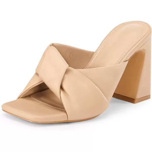 Coutgo Womens Chunky Heeled Mules Puffy Knot Square Open Toe Slip On Sandals Summer Evening Party Prom Shoes