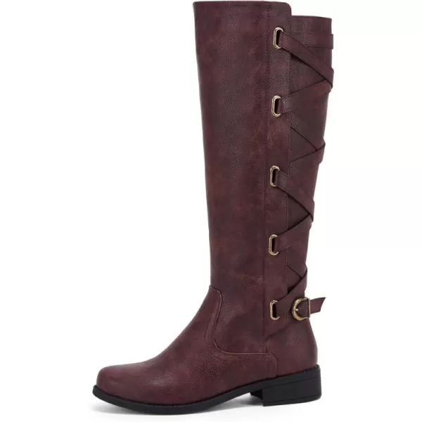 Syktkmx Womens Strappy Motorcycle Knee High Boots Winter Lace Up Riding Flat Low Heel Shoes