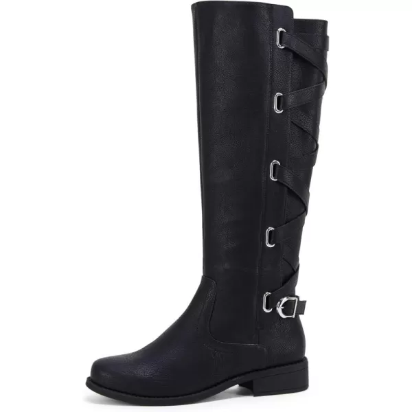 Syktkmx Womens Strappy Motorcycle Knee High Boots Winter Lace Up Riding Flat Low Heel Shoes